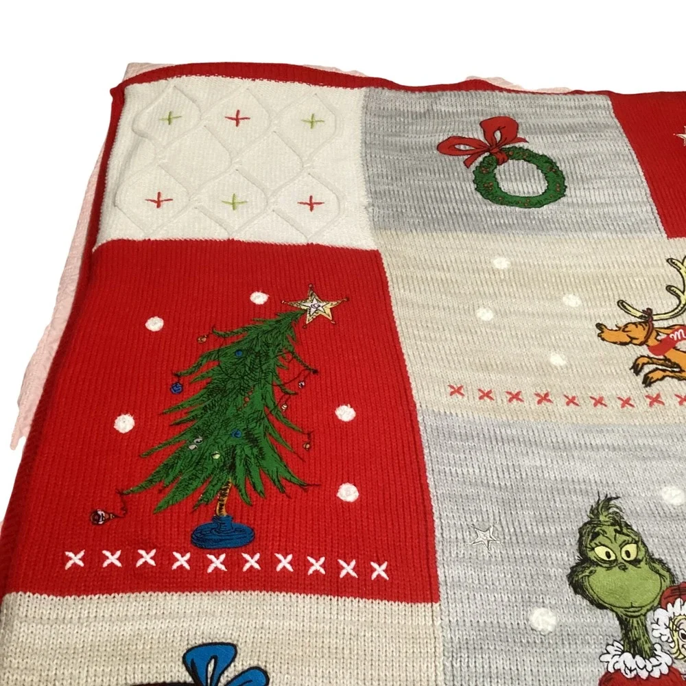 Pottery Barn Kids Dr Seuss The Grinch Christmas Knit Sherpa Throw Blanket 40x50